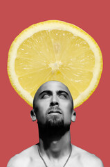 Digital collage with bearded man and slice of lemon