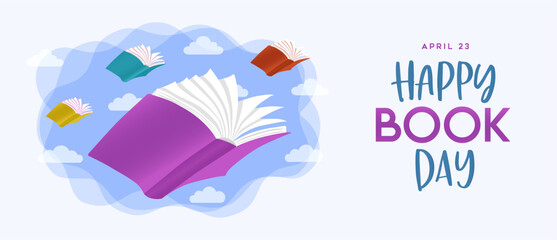 World book day open book imagination flying sky concept banner illustration