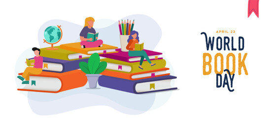 World book day group of young people reading books concept banner illustration