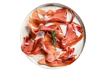 prosciutto crudo, italian salami, parma ham. Antipasto plate.  Isolated, transparent background