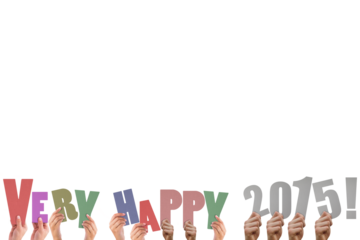 Colorful alphabet spelling very happy 2015 held up by people 