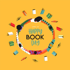 World book day colorful books and friend people group hug circle cartoon card illustration