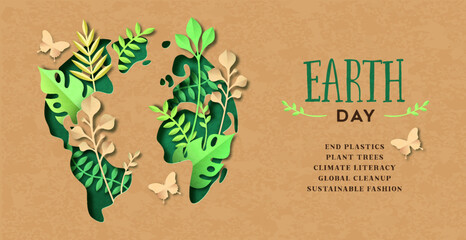 Earth Day green world in paper cut plant leaf and butterfly banner illustration - 592292588