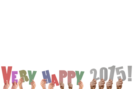 Colorful alphabet spelling very happy 2015 held up by people  - Powered by Adobe