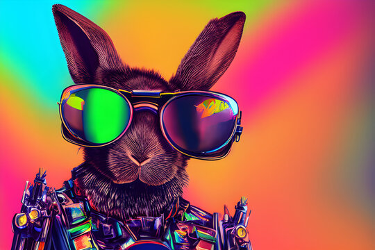  Cool Bunny with Sunglasses in Colorful Background
This playful stock photo features a cool bunny wearing stylish sunglasses against a colorful background. The bunny's confident pose and trendy shades