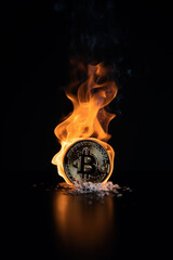 Burning bitcoin coin in a fire with smoke