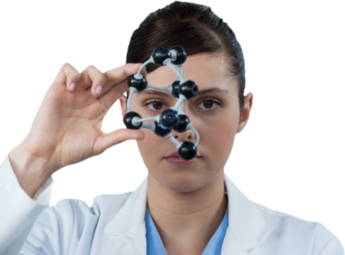 Female scientist looking through molecular model - Powered by Adobe