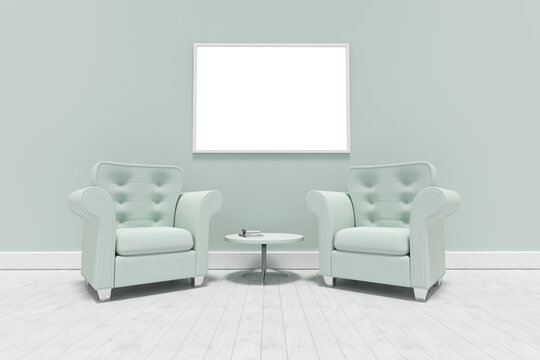 Green armchairs against blank picture frame 