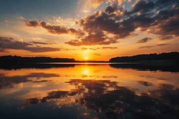 Fototapeta na wymiar Beautiful sunset reflection on the lake generative AI