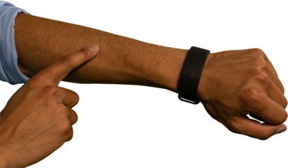 Mid-section of man gesturing on his forearm