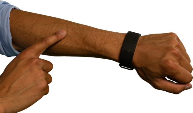 Mid-section of man gesturing on his forearm