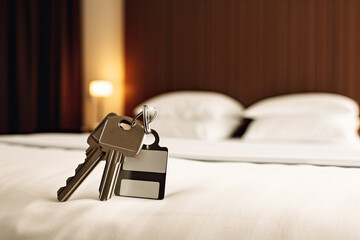 Keys with a black tag from the hotel room lie on the bed. Generative AI