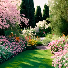 Spring garden full of colourful flowers and flowering trees