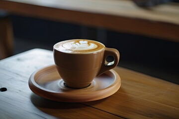 hot latte art coffee on wood table, relax time, Made by AI,Artificial intelligence