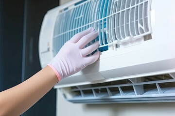 worker checking air conditioner system service, maintain