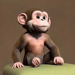 Cute brown monkey cartoon, little monkey sitting, AI generated