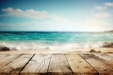 Fototapeta premium Wooden board with blur beach and sea