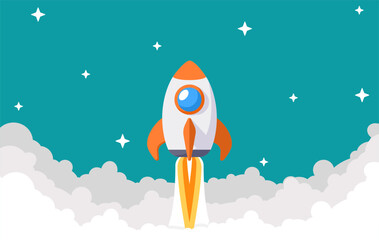 Cartoon Rocket Ship soars above the cloud at power speed. Startup Project New Business idea concept for presentation, banner, poster, and background. Vector illustration Flat design.