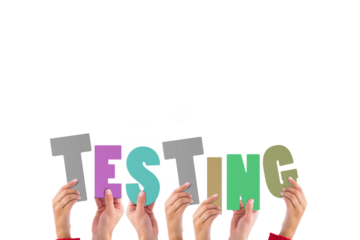 Colorful alphabet spelling testing held up by people 