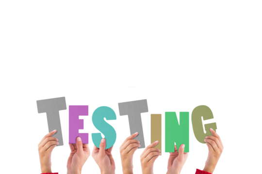 Colorful alphabet spelling testing held up by people