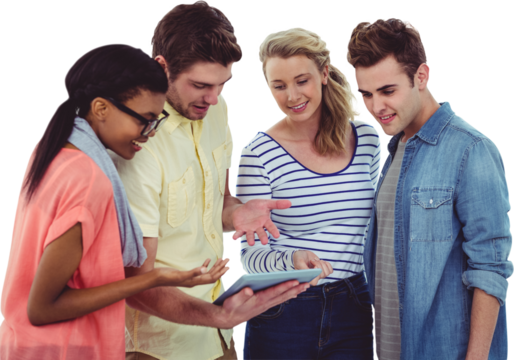 Happy creative team using a tablet pc