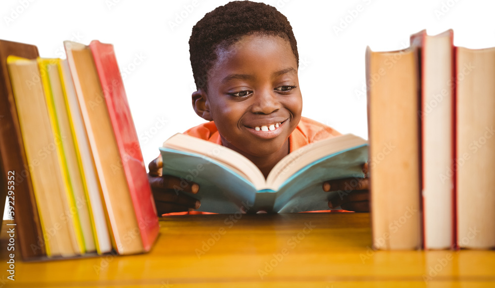 Poster Cute boy reading book in library