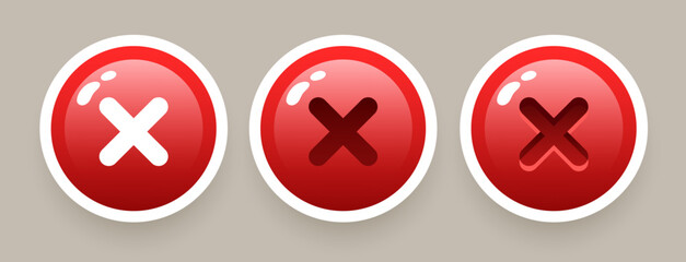 Cancel. 3d Cross icon. Red round 3d buttons. Vector clipart.	