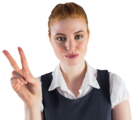 Redhead businesswoman showing peace sign