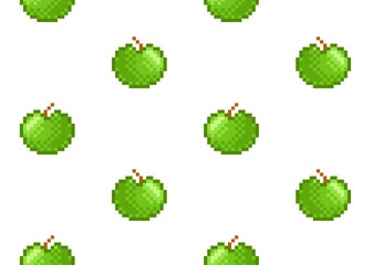 Pixel green apple seamless pattern. 8 bit apple fruit texture cartoon. Retro video-game style vector illustration.