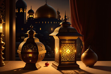 beautiful Arabian lantern decoration with burning candle glowing at night - Islamic greetings
