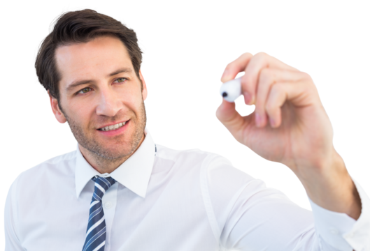Smiling businessman writing with black marker