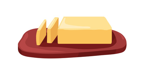 Butter bar, block on wooden board. Dairy milk product, fat cooking ingredient, cut slices, creamy pieces. Fatty food. Flat vector illustration isolated on white background