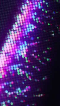 Vertical video. Neon sparkles. Blur light. Digital glitch. Mosaic texture. Defocused purple pink blue color glowing liquid crystal motion on dark black abstract art background.