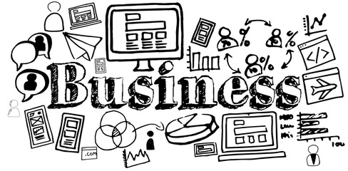 Digitally generated image of business text surrounded with different computer icons