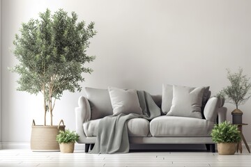 A classic living room interior design mockup with a grey sofa and green pillows next to an olive tree in a wicker basket, with a floor lamp against an empty white wall background, Generative AI