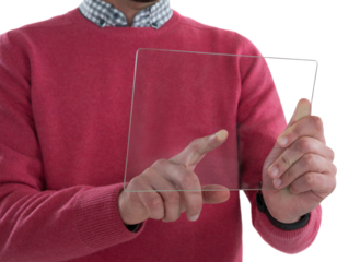 Mid section of man holding glass digital tablet