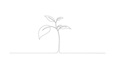 One line Growing plant isolated on white background. Line style flat illustration of plant with leaves.Grow process. Vector illustration