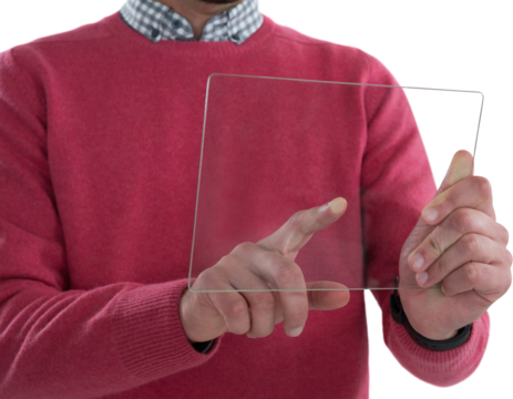 Mid section of man holding glass digital tablet
