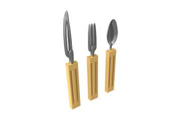 Table knife with fork and spoon with wooden handle 