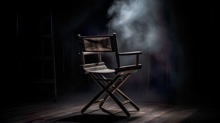 The director's chair stands in a beam of light with an backlight. Free chair. Concept of selection and casting. Shadow and light.  - obrazy, fototapety, plakaty