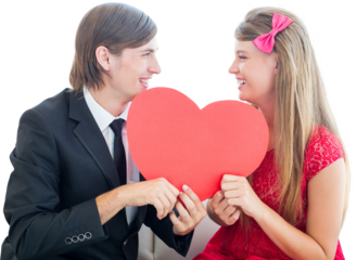 Cute geeky couple smiling and holding heart 