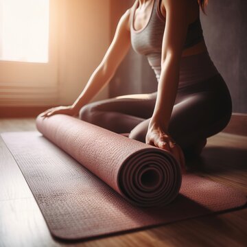 woman doing yoga exercise, Fitness woman rolling Yoga mat before training, Healthy lifestyle. generative ai