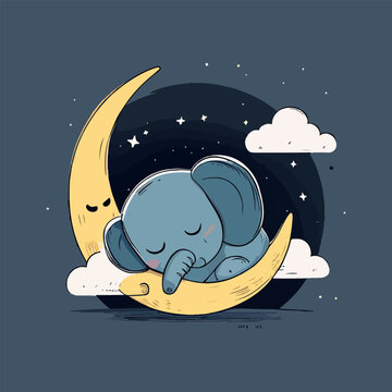 Cute elephant boy sleeping on the moon. Vector illustration design.