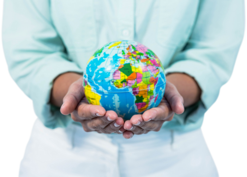 Mid section of businesswoman holding globe - Powered by Adobe