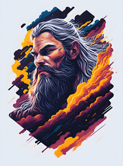 Portrait of Thor God in clouds. Concept poster. AI generated illustration