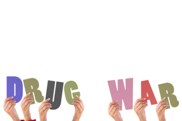 Cropped hands holding colorful words drug war 