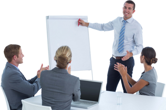Manager presenting whiteboard to his colleagues