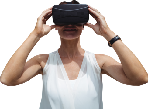 Woman wearing virtual reality simulator glasses