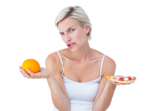 Pretty woman deciding between pizza and an orange - Powered by Adobe