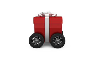 Red gift with ribbon on wheels